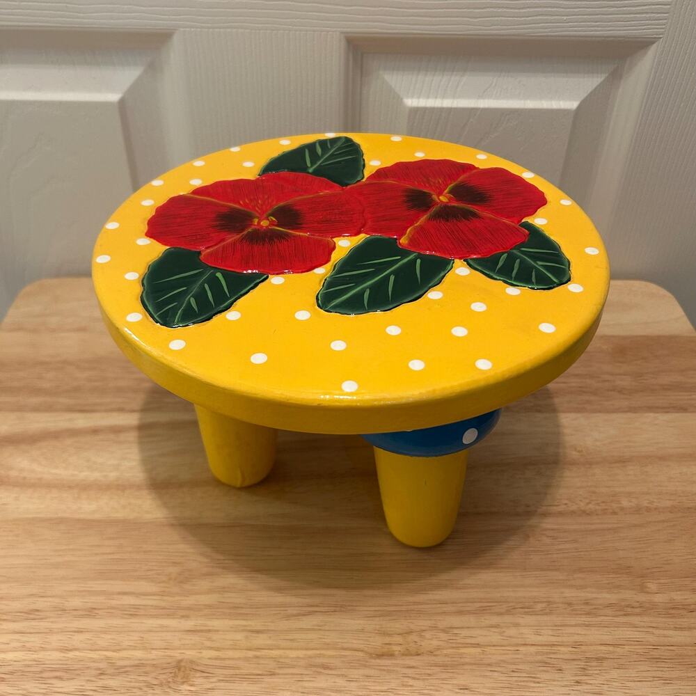 Vintage Hand Painted Floral Wood Plant Stool Folk Art Bowl Stand
